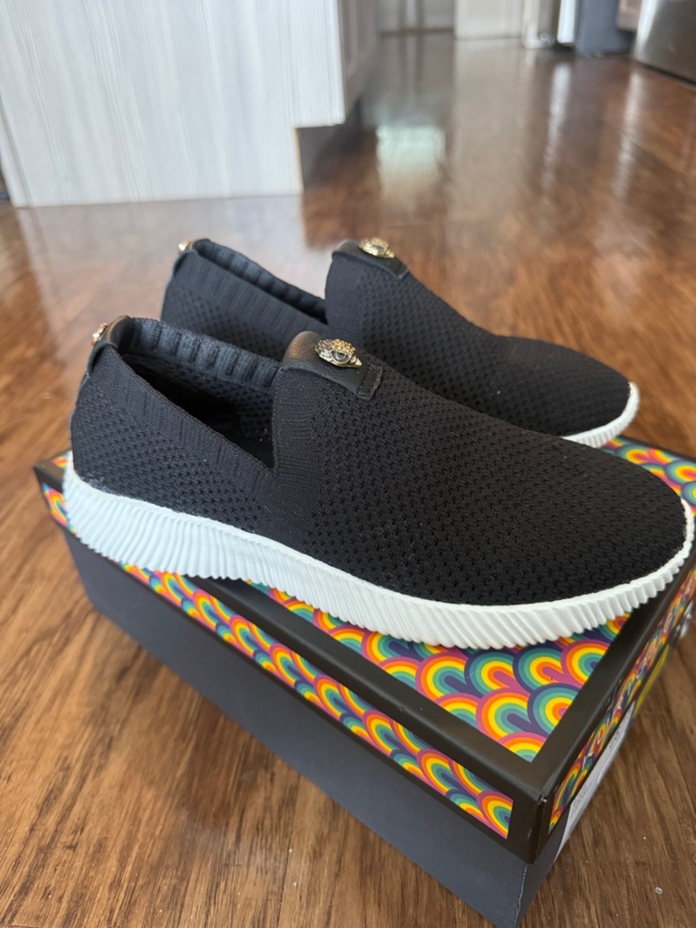 Kurt Geiger Black Knit Slip-On Sneakers with Gold Emblem - Picture 2 of 5
